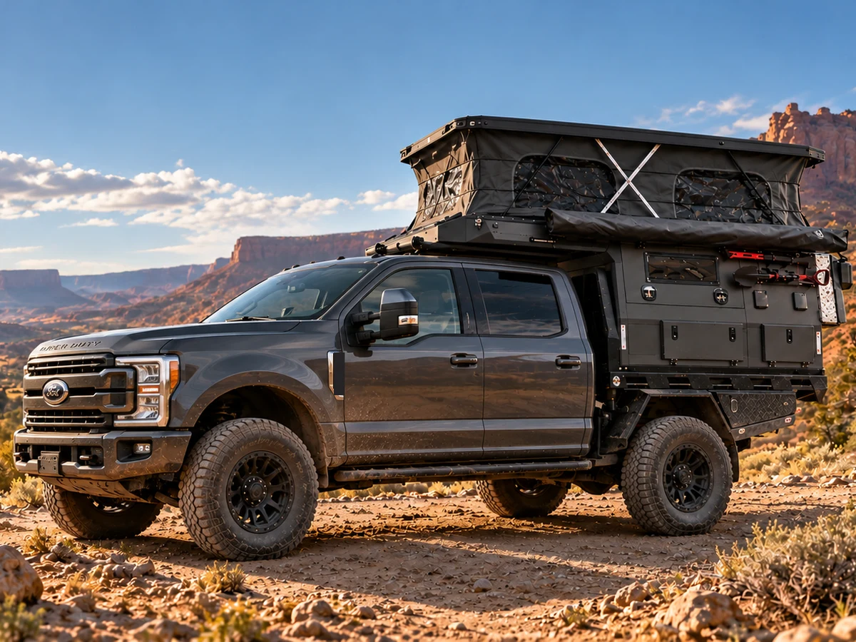 Dark grey Ford Super Duty crew cab with a SUNHOMEE flatbed camper, pop-up roof raised, desert canyon