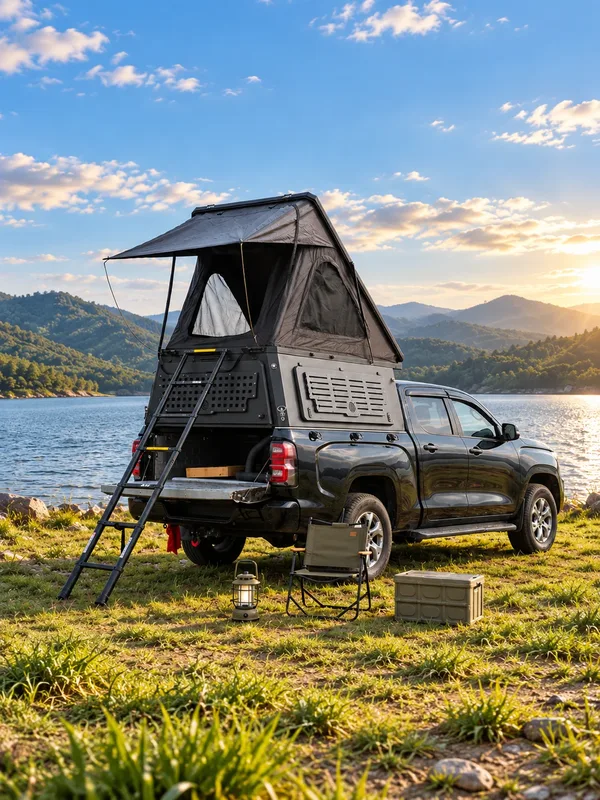 Integrated pop-up canopy with ladder and camp gear on the grass, rear view