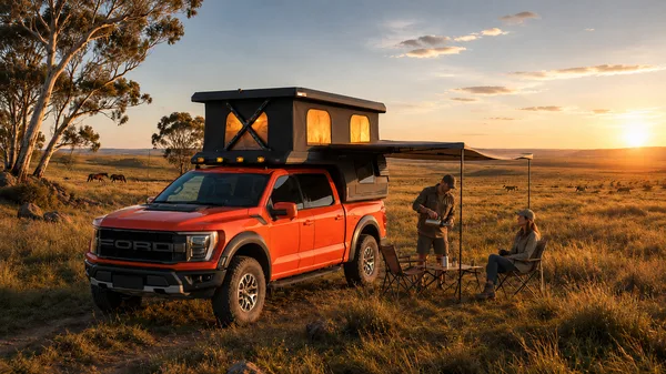 Orange pickup with a slide-in camper and awning at sunset, friends at camp