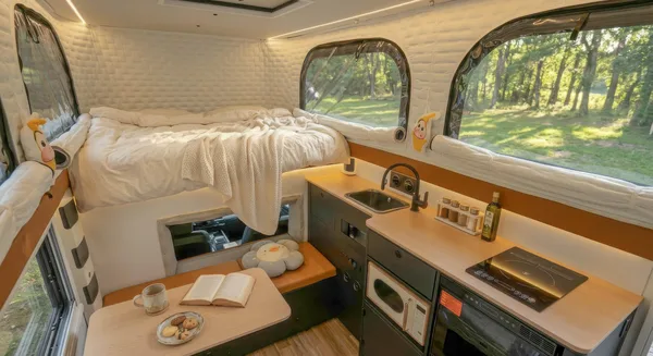 Camper interior with dinette and bed, view across the cabin