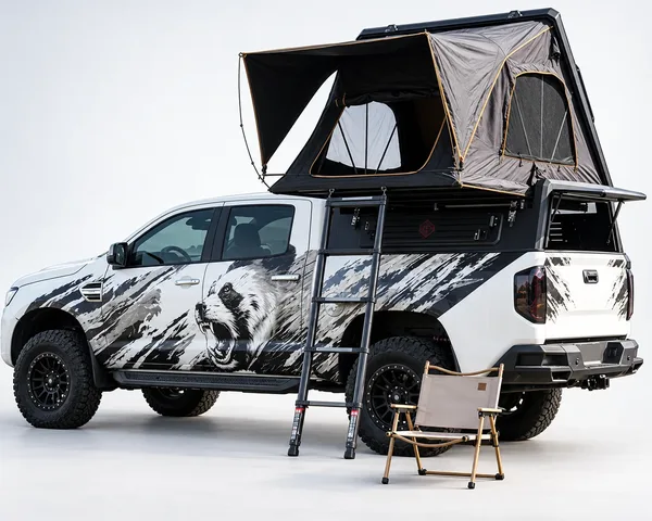 Stealth pop-up canopy with ladder and tent open, studio side view