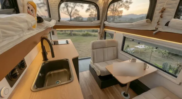 Camper interior with kitchen sink, seating and large windows